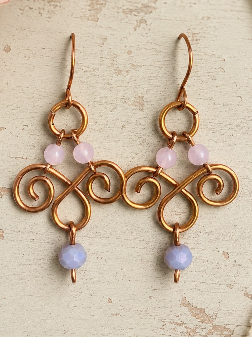 Hand Crafted Copper Swirl Earrings with Lavender and Pink Beads